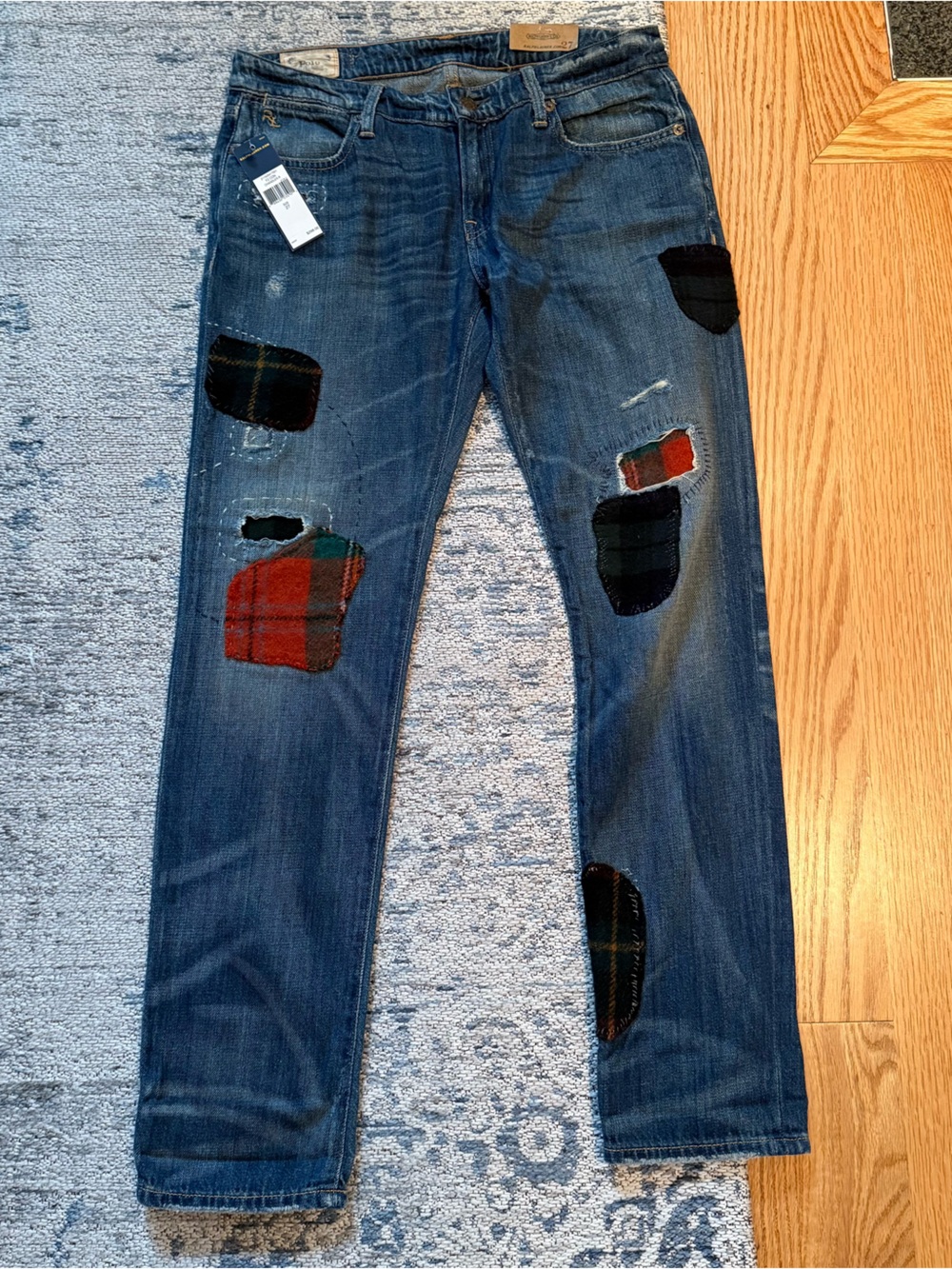 NWT $298 USD Polo Ralph Lauren Blue Patchwork Astor Slim Boyfriend Jeans 27